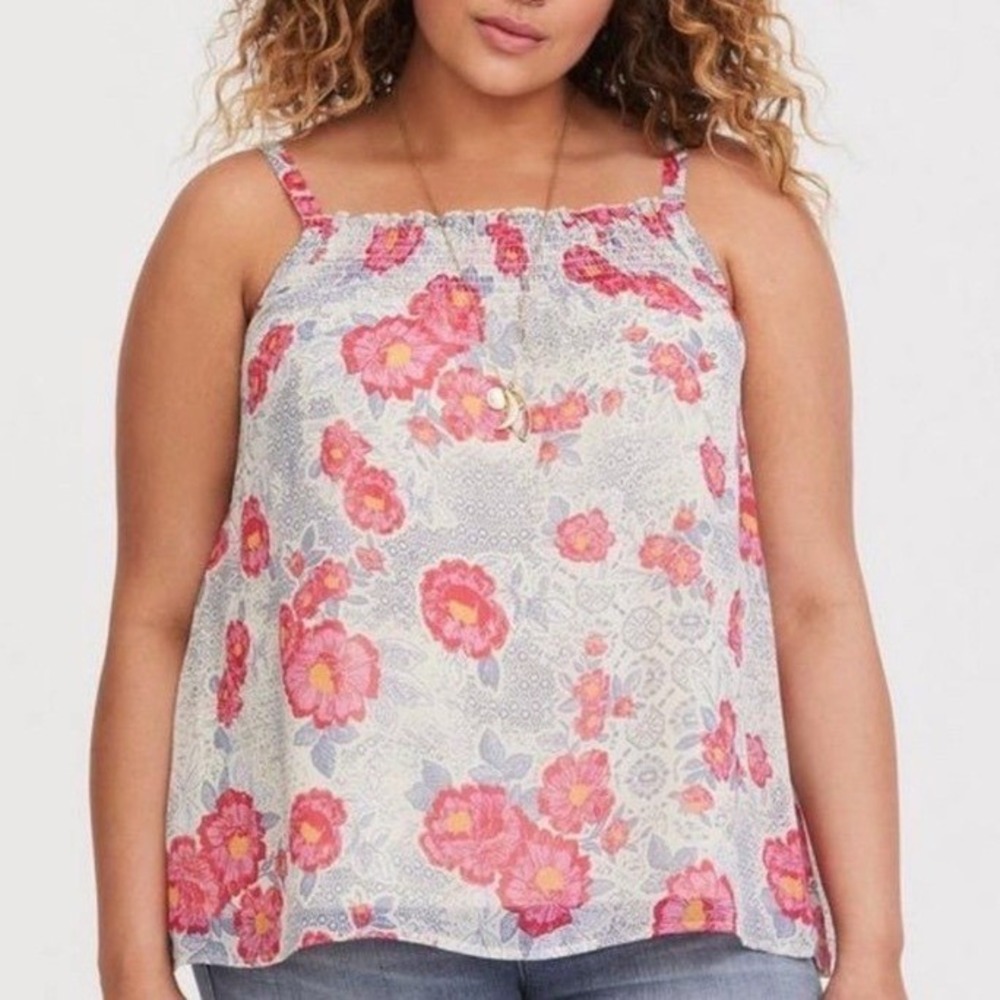 Torrid Floral Smocked Chiffon Tank Top Pink Orange Blue Boho Camisole Size 0 L